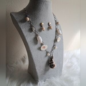 NWT J.Jill Silver And Shells Like Necklace And Pierced Earrings Set